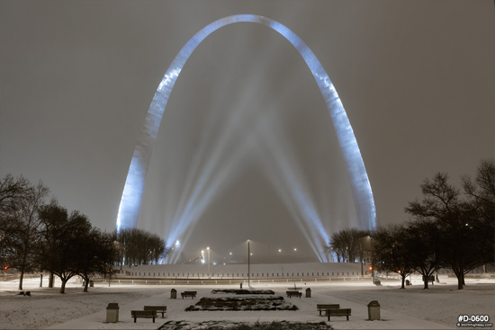 St. Louis Arch snow fog at night
