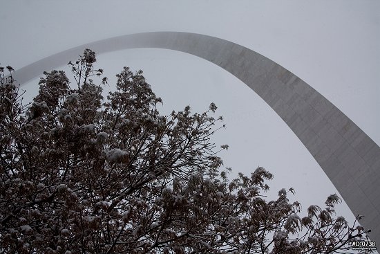 Arch with snow-covered trees