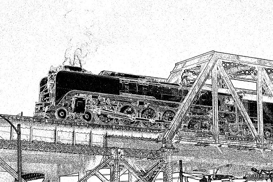 Pencil sketch version - Union Pacific steam locomotive No. 844 on the MacArthur Bridge in St. Louis