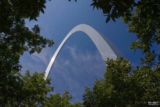 Gateway Arch grounds trees and blue sky