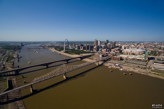 Aerial photo of downtown St. Louis, Gateway Arch and Mississippi River Bridges