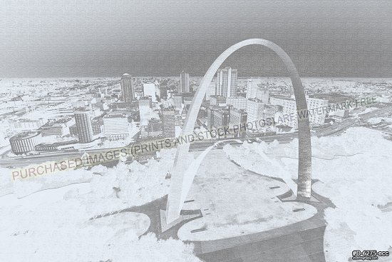 Conte filter version - Aerial photo of a close flyby of the Gateway Arch in downtown St. Louis on a sunny, blue-sky day