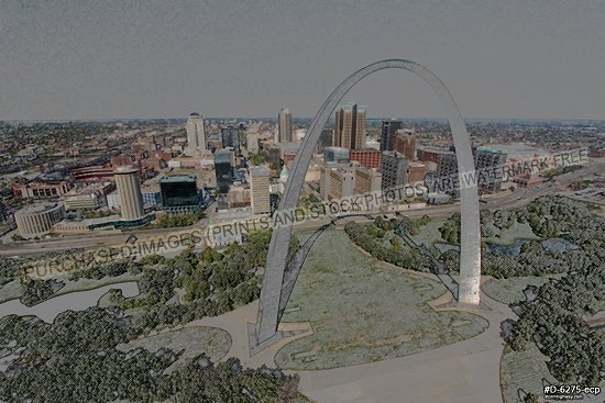 Colored pencil version - Aerial photo of a close flyby of the Gateway Arch in downtown St. Louis on a sunny, blue-sky day