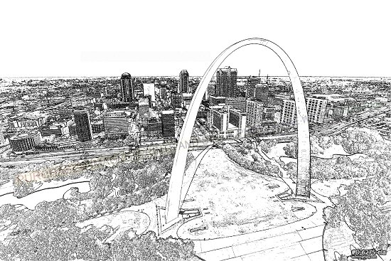 Pencil sketch version - Aerial photo of a close flyby of the Gateway Arch in downtown St. Louis on a sunny, blue-sky day