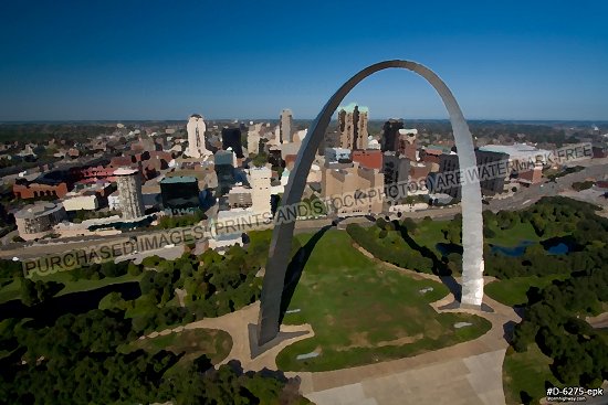 Impressionistic painting version - Aerial photo of a close flyby of the Gateway Arch in downtown St. Louis on a sunny, blue-sky day