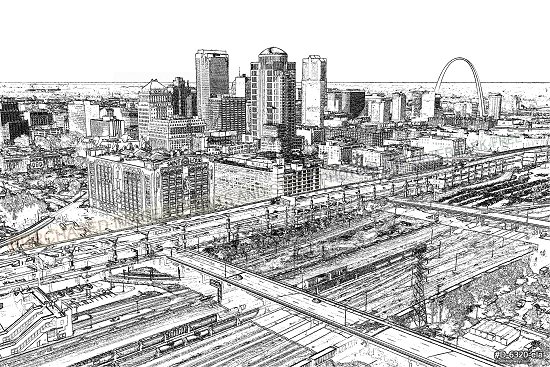 Pencil sketch version - Aerial view to the northeast, showing downtown St. Louis in front of the Gateway Arch