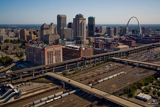 Aerial view to the northeast, showing downtown St. Louis in front of the Gateway Arch