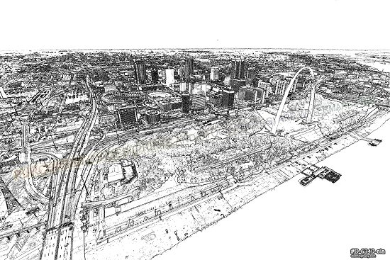Pencil sketch version - Aerial photo of downtown St. Louis, the Gateway Arch and highways into the city