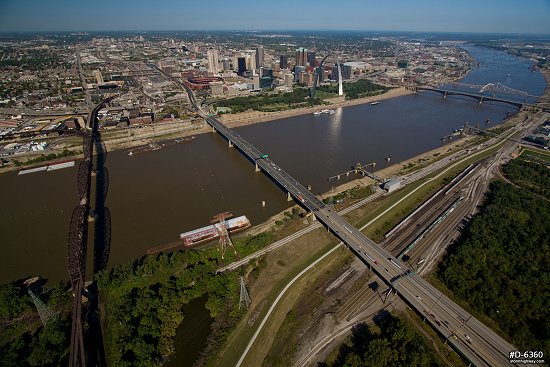 Aerial photo of downtown St. Louis, Gateway Arch and Mississippi River Bridges