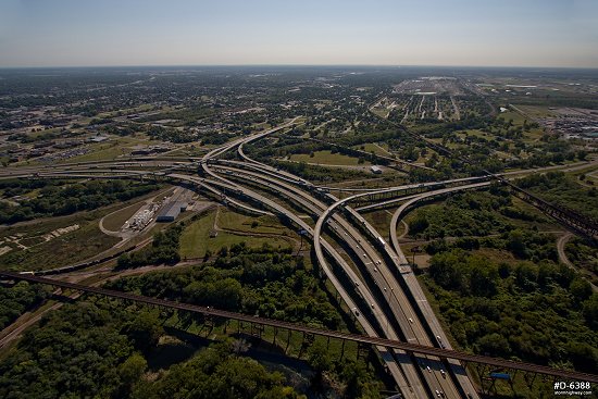 Aerial of highways and bridges in East St. Louis, Illinois