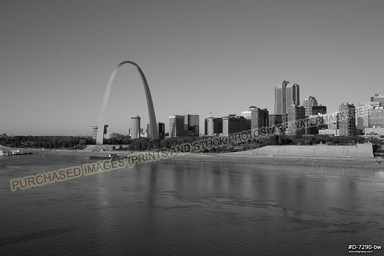 Clear blue sky day in mid fall, riverfront view to the southwest, black and white