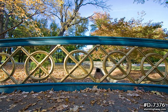 Bridge railing and autumn trees