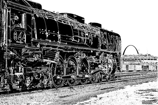 Pencil sketch version - Union Pacific steam locomotive No. 844 on the MacArthur Bridge in St. Louis
