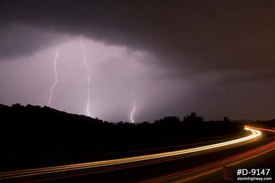 Lightning over Interstate 44 traffic streaks near Eureka, Missouri