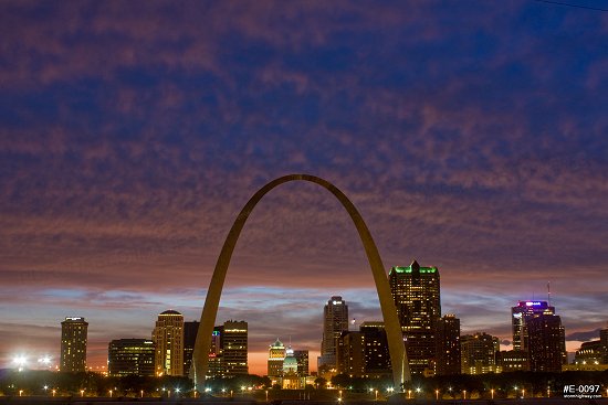 Sunset colors over the Gateway Arch in and downtown St. Louis, MO