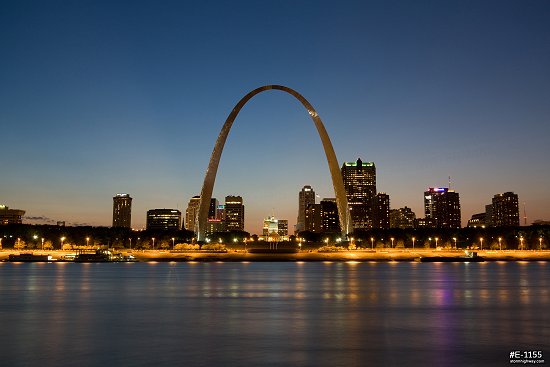 Soft twilight over the Gateway Arch, Mississippi riverfront and downtown St. Louis, MO