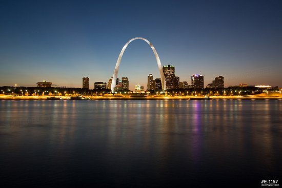 Evening twilight over the Gateway Arch, Mississippi riverfront and downtown St. Louis, MO