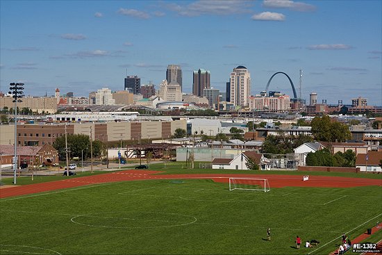 SLU soccer field with the St. Louis skyline