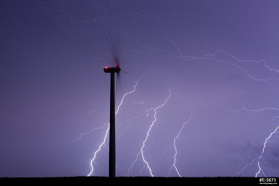 Lightning over a wind turbine at Weatherford, Oklahoma