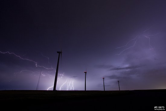 Lightning over wind turbines at Weatherford, Oklahoma