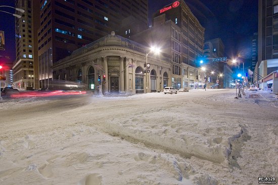 Downtown St. Louis with a foot of snow and subzero temperatures in January 2014.