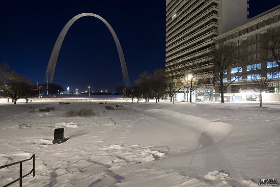 Gateway Arch with a foot of snow and subzero temperatures in January 2014.