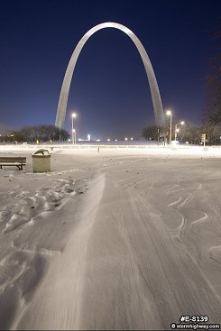 Gateway Arch with a foot of snow and subzero temperatures in January 2014.