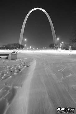 Gateway Arch with a foot of snow and subzero temperatures in January 2014, black and white