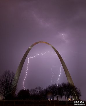 Lightning behind the Gateway Arch during April storms