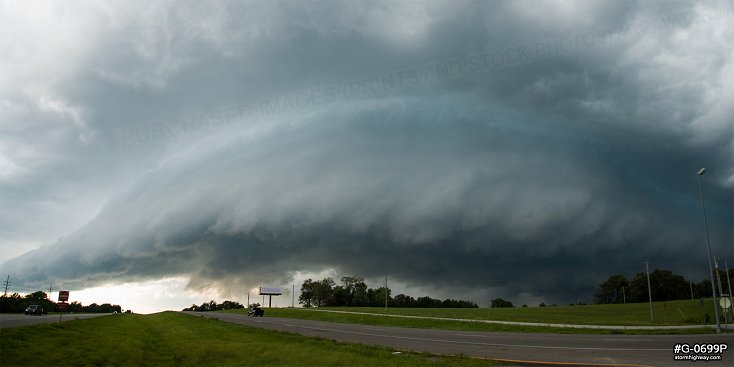 Tornadic supercell over Highway 61 at Wentzville, Missouri approaching St. Louis (two-frame panorama)
