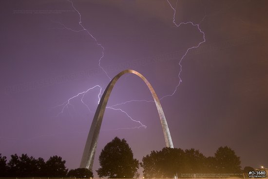 Lightning behind the Gateway Arch in St. Louis, MO during an August 2015 storm