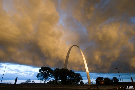 Sunset-illuminated storm clouds over the St. Louis Gateway Arch
