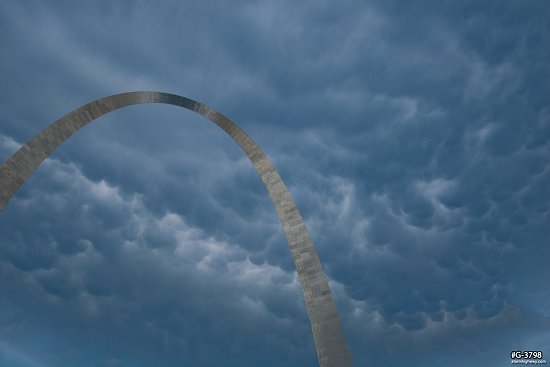 Mammatus clouds over the Gateway Arch during severe weather