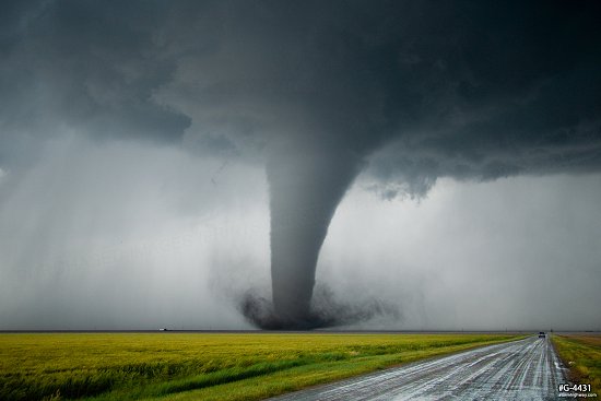 A majestic, classic strong tornado over the prairie near Dodge City, Kansas