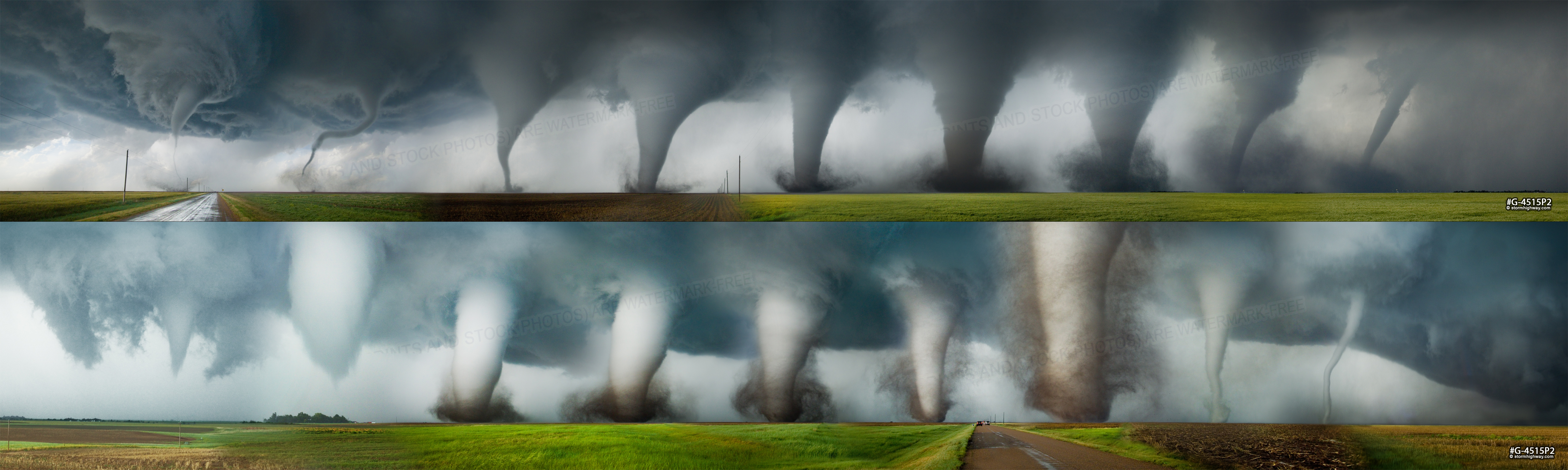 Life cycle of strong tornadoes near Dodge City, Kansas, composite panoramas