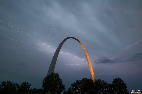 Lightning over the Gateway Arch in St. Louis, MO during an evening storm