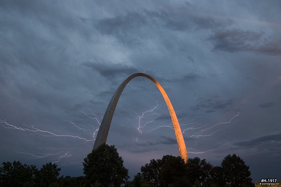 Lightning over the Gateway Arch in St. Louis, MO during an evening storm