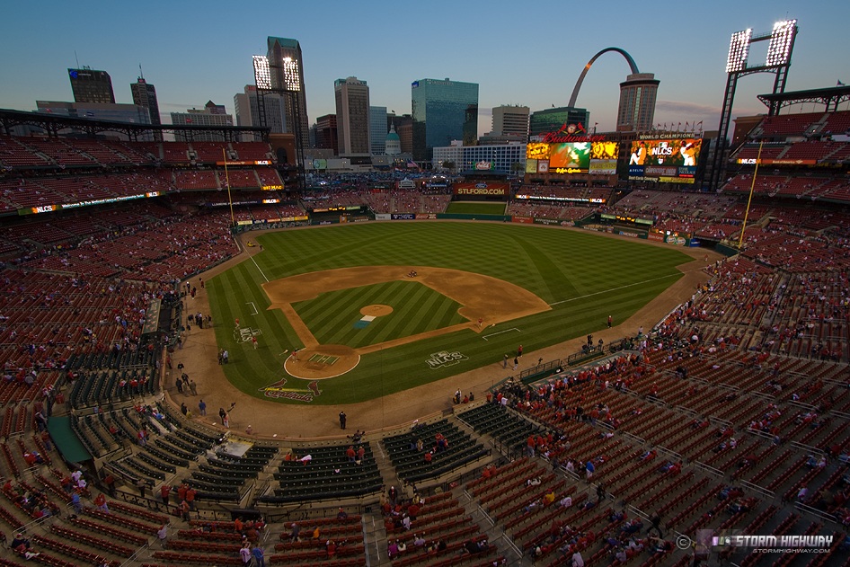 Busch Stadium view with the Arch and downtown