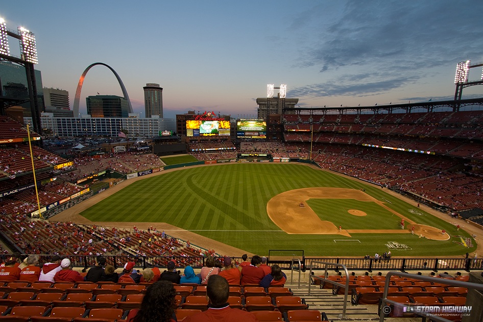 Busch Stadium view at sunset with the Gateway Arch