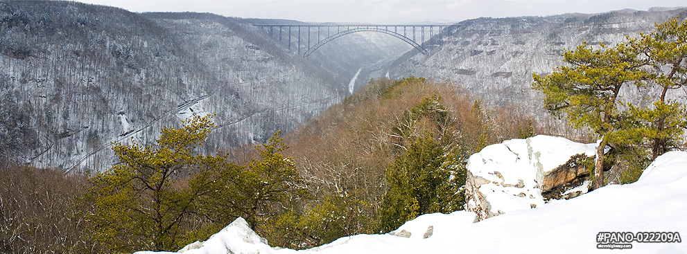 New River Gorge Bridge snow panorama