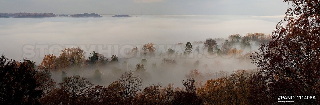 Panoramic image of valley fog over downtown Charleston in late fall.