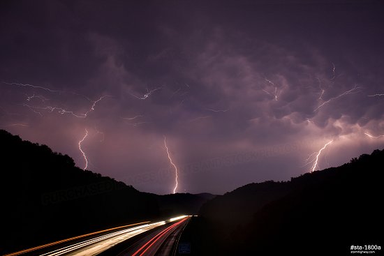 Lightning and mammatus clouds over Interstate 79 near Big Chimney, West Virginia