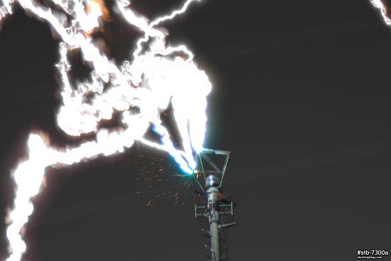 Extreme close-up of lightning striking the WVAH TV tower near St. Albans, WV