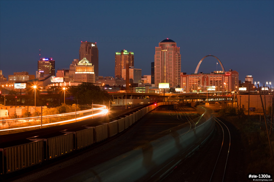 Train traffic on the Metrolink, Union Pacific and BNSF railroad tracks with the St. Louis skyline