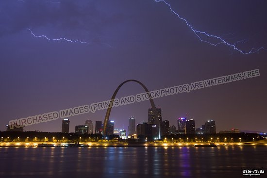 Lightning over St. Louis and the Arch at night