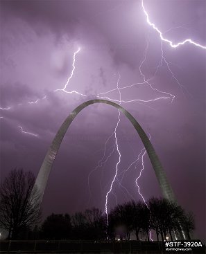 Lightning behind the Gateway Arch during April storms composite