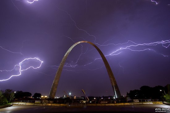 Lightning behind the Gateway Arch at night - stack composite