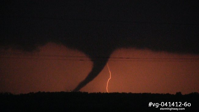 Tornado with lightning at night in northwestern Oklahoma