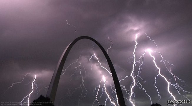 Lightning behind the Gateway Arch during an evening July storm composite