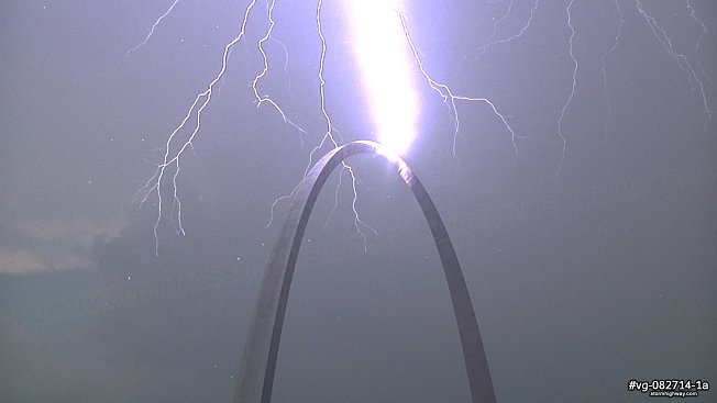 Lightning strikes the Gateway Arch in St. Louis, MO during a storm on August 27, 2014